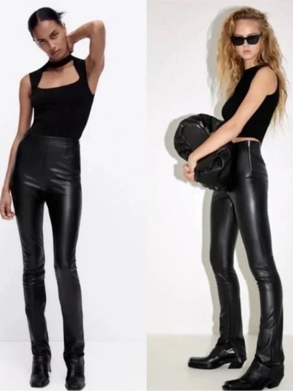 Zara Leather Faux Leggings Black Zip Hem High Rise NWOT Size Small